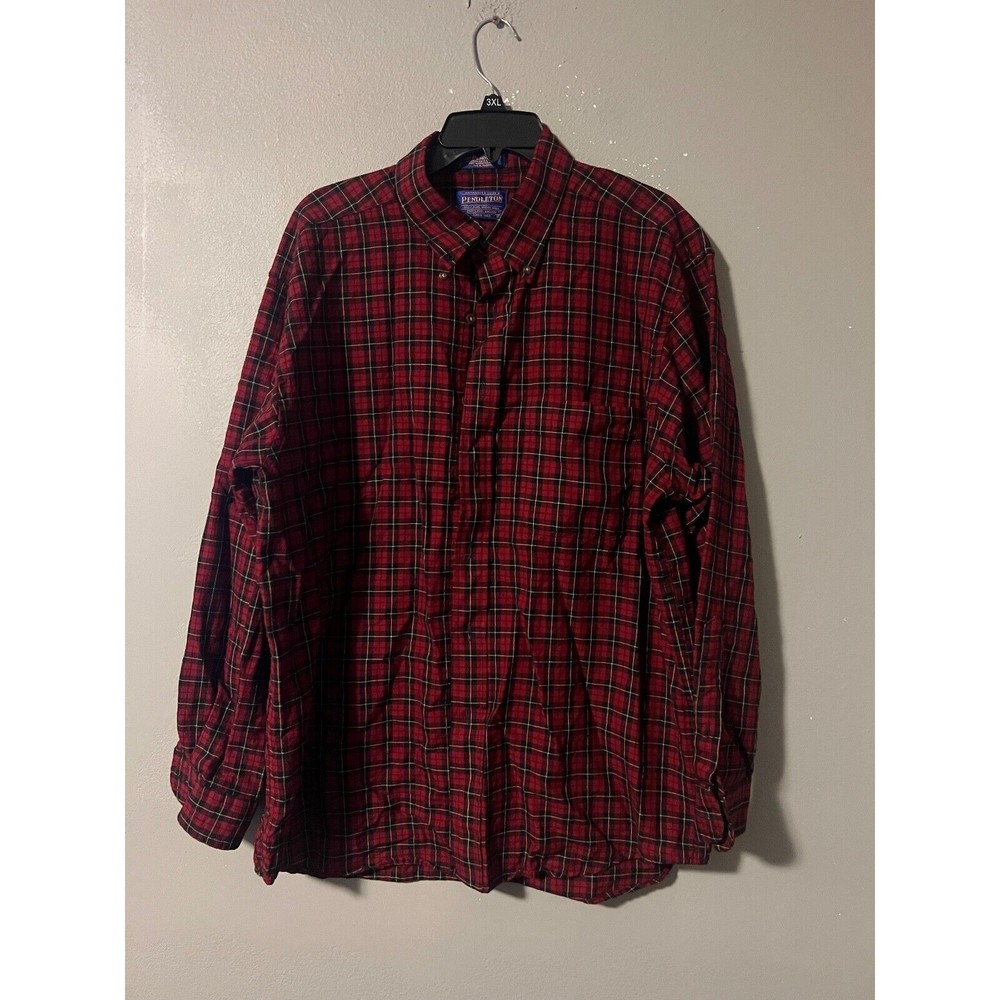Pendleton 100% Virgin Wool Mens XL Red Long Sleeve Button‎ Down Shirt W. Tartan